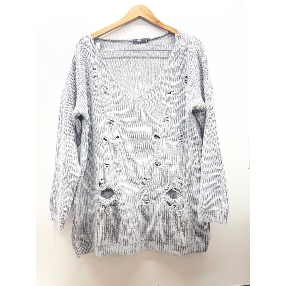 Missguided Gray Distressed V-Neck Oversized Knit Sweater Grunge Boho Size L